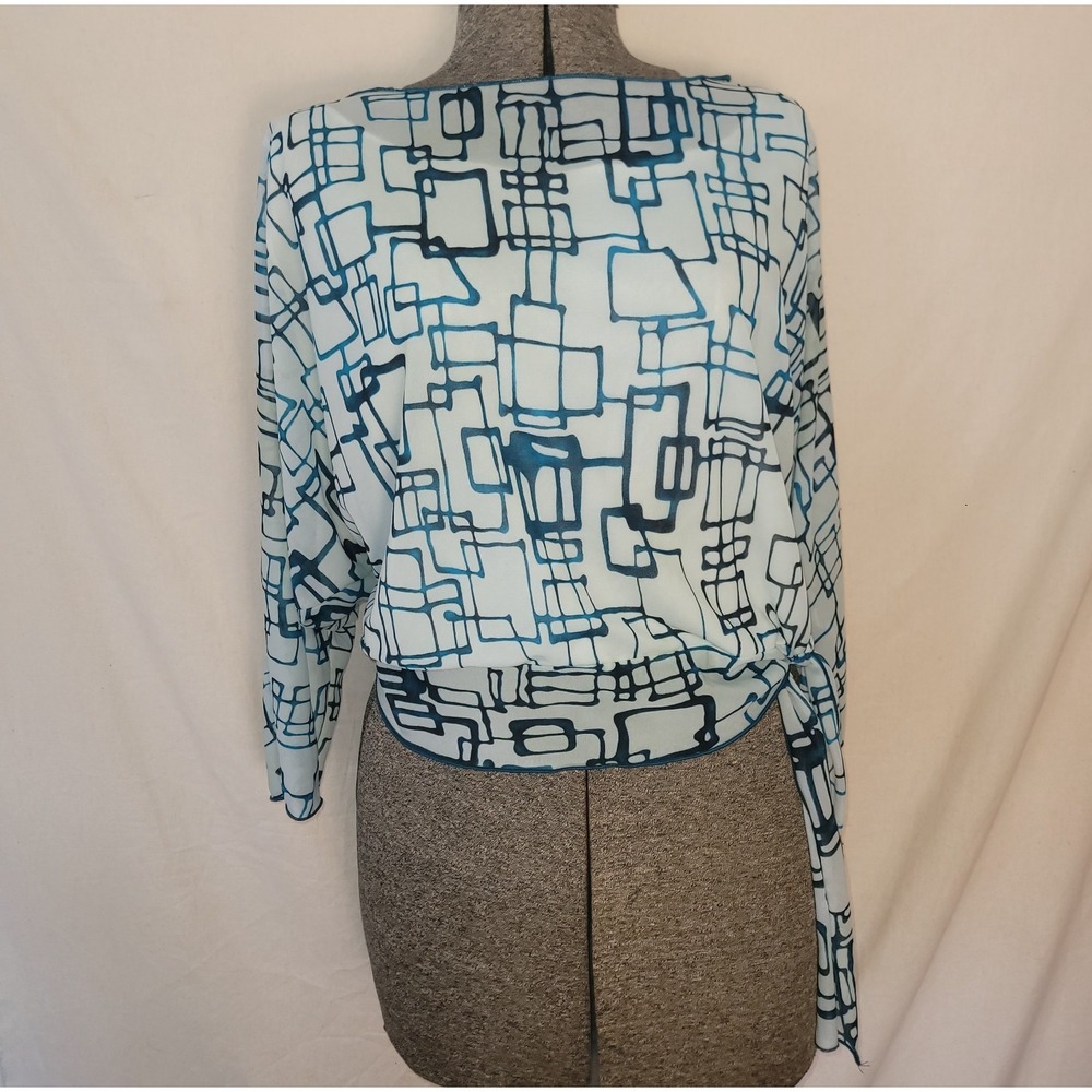 Vintage 90s Y2K Bat Wing Top Sheer Baby Blue Geometric Fang Glam L/XL Tie Waist - Picture 3 of 12